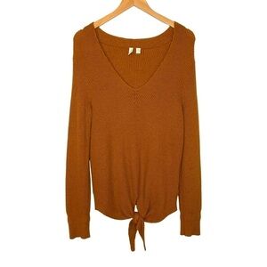 Anthropologie Moth Freeport Ribbed Tie Front Sweater Small V Neck Burnt Orange